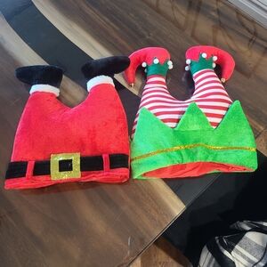 2 Red Santa Hats with Black Belt and Gold Buckle